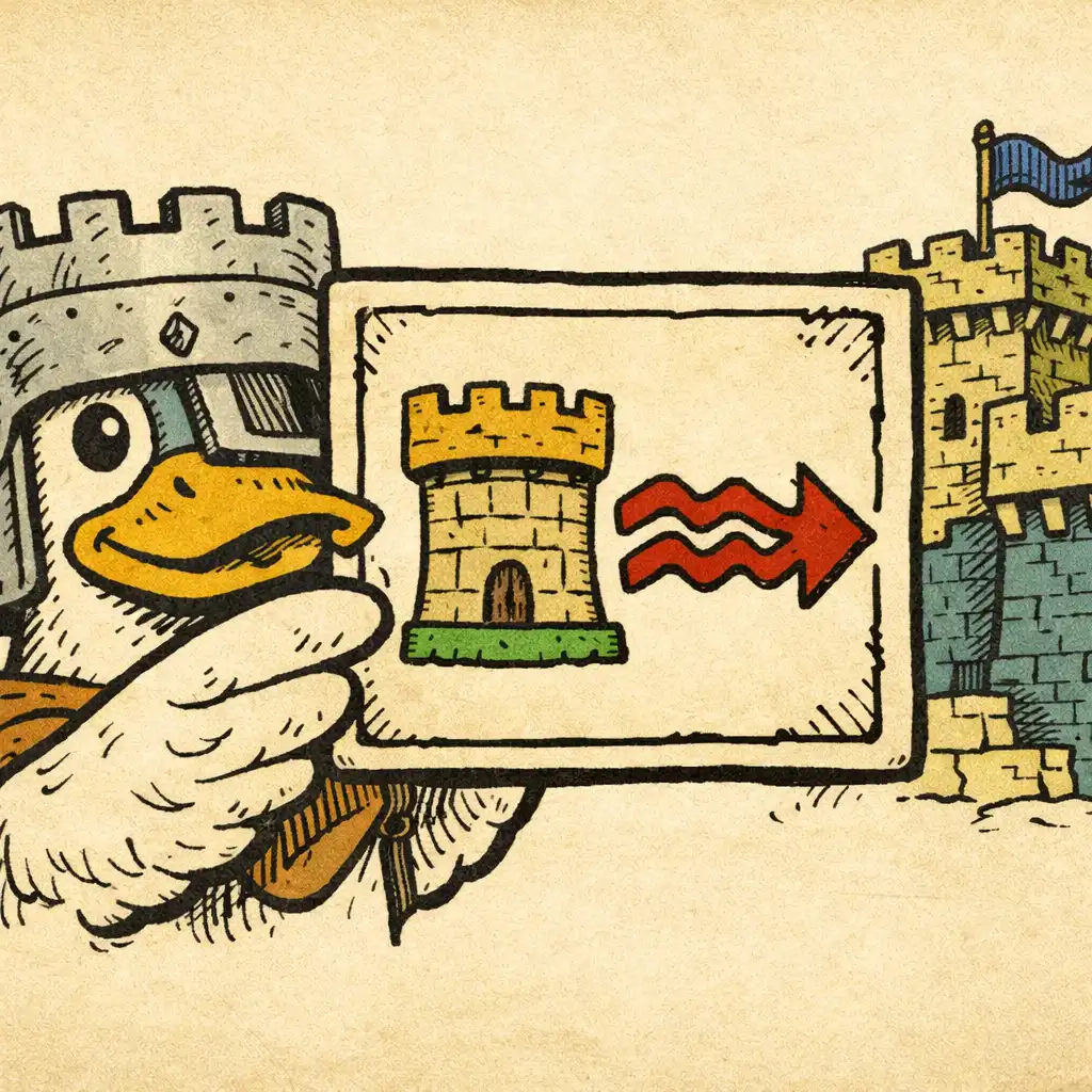 Hand-drawn illustration of a duck commander holding a battle card in front of a castle battlement.