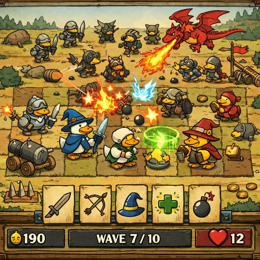 Battle scene with duck units in melee, ranged, and support roles positioned on a grid while enemy waves approach