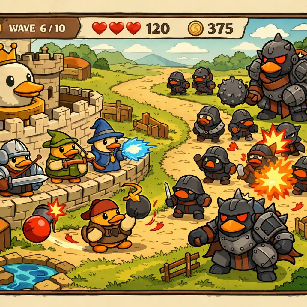 Duck-themed castle defence scene with duck defenders positioned along a winding path as armoured enemy ducks approach