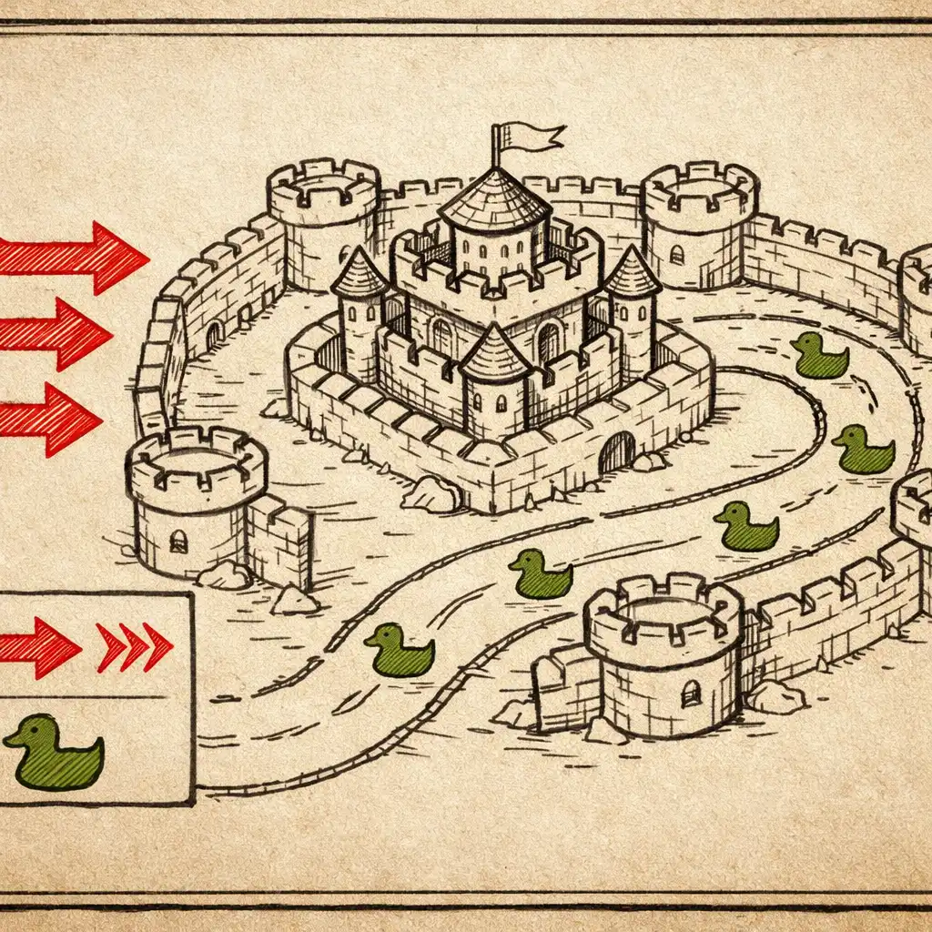 Hand-drawn tactical diagram showing a castle defence plan with friendly units in moss green and enemy wave arrows in warning red