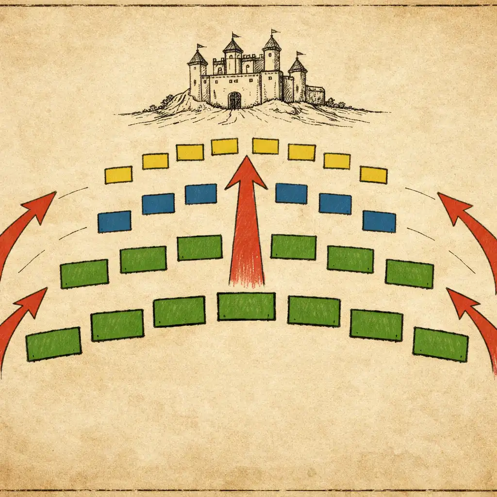 Hand-drawn tactical diagram showing a layered defence formation with front-line units in moss green, mid-line units in deep blue, and back-line units in duck-feather yellow, with warning-red arrows marking enemy paths.