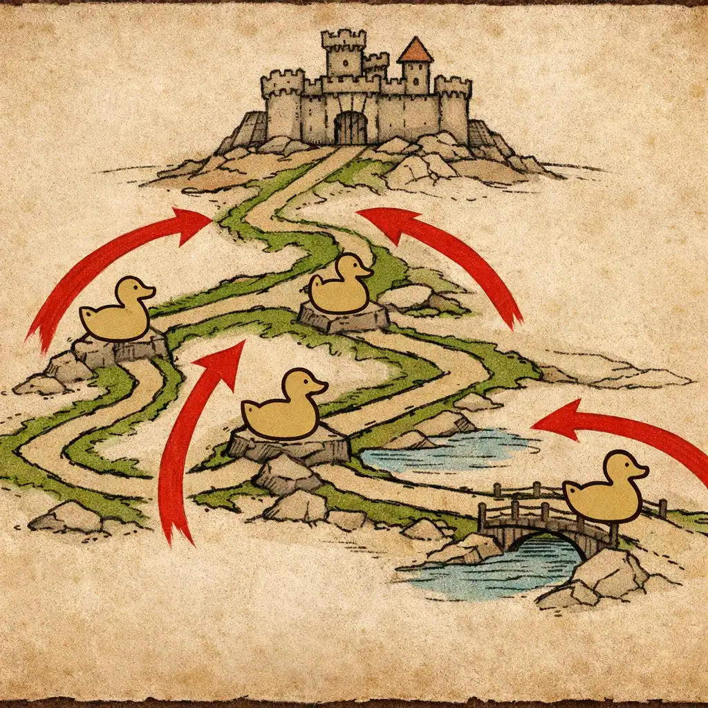 Hand-drawn tactical diagram showing a castle, winding enemy paths, and duck-shaped defensive units placed at choke points, with warning-red arrows indicating enemy movement.