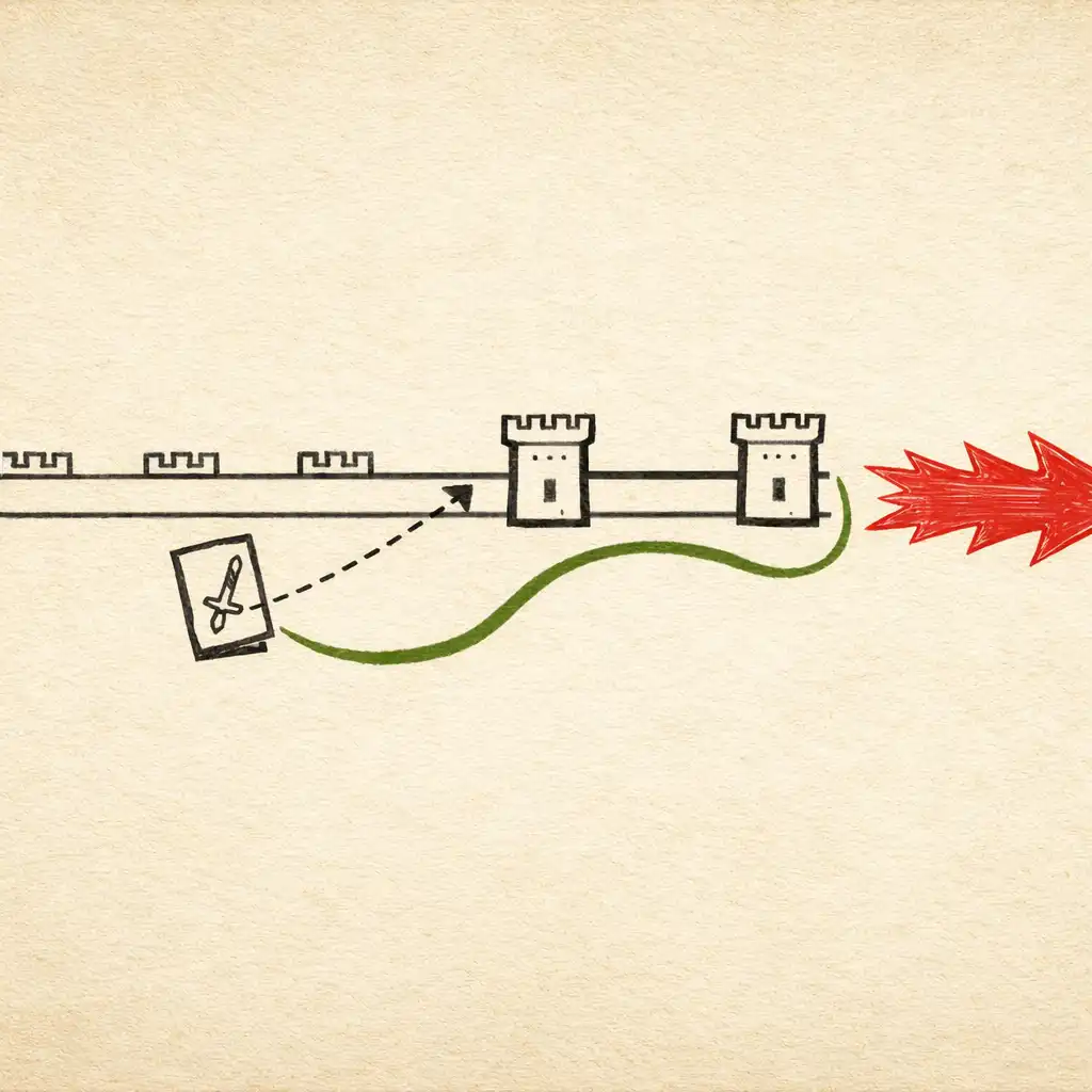 Tactical diagram showing a castle wall, tower icons, a warning-red enemy wave arrow, and a moss route line with a card effect indicator.